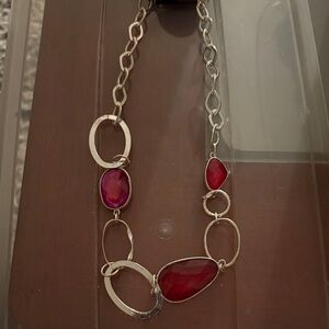 Silver-Tone Link Necklace with Deep pink Gemstones